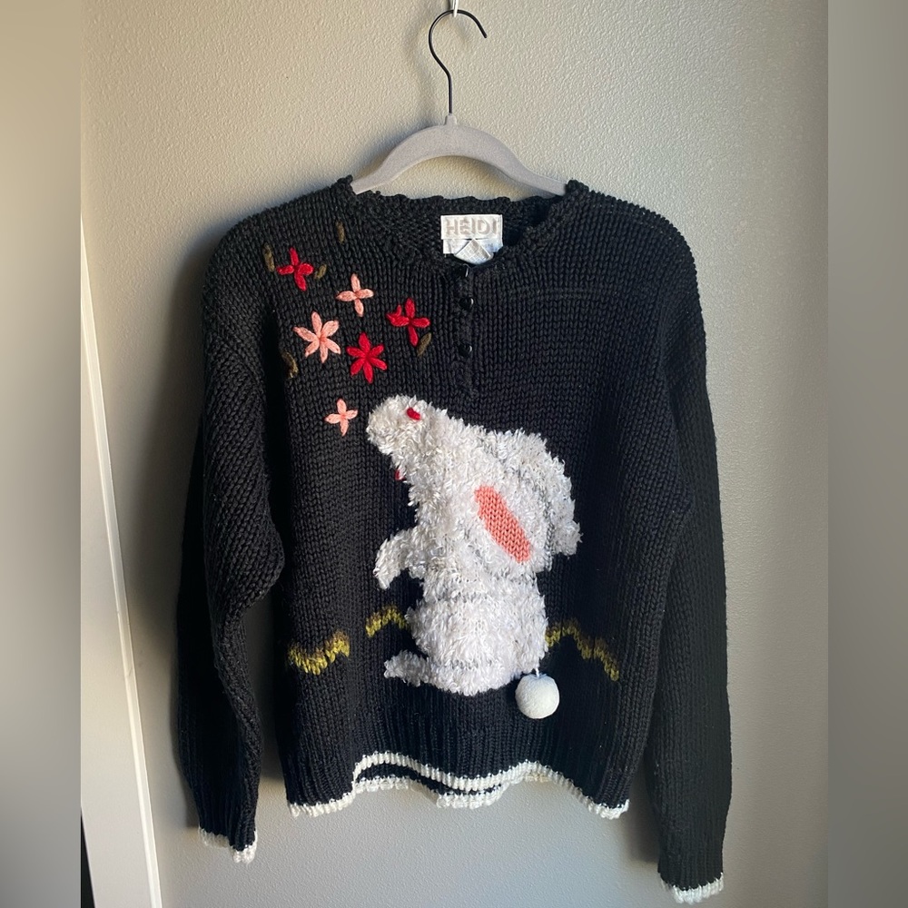 Vintage Black Knit Sweater with White Bunny and Pink Floral Accents